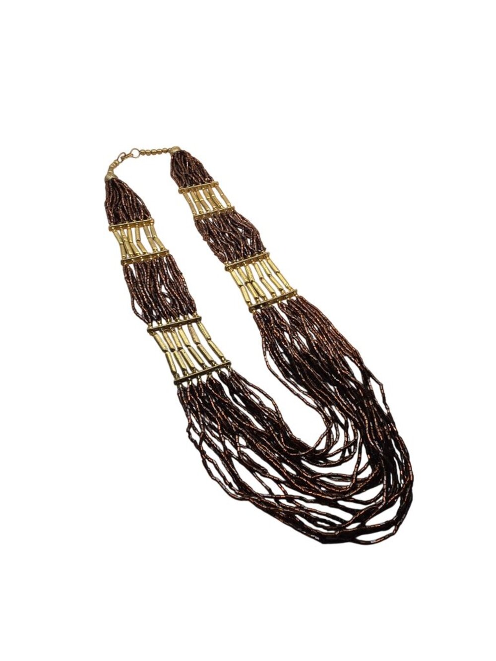 Multi Strand Torsade Necklace Boho Brass Bugle Bead Tribal Statement Brown